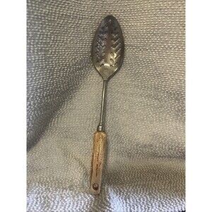 VINTAGE Ekco Eterna Stainless Steel w/Wooden Handle Slotted Straining Spoon USA